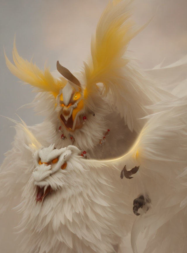 Mythical creature with white feathered body and golden halo, bird-like head with orange eyes.