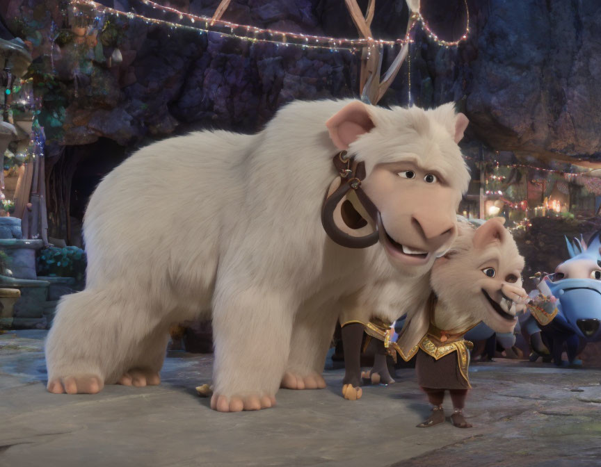 Animated giant white goat in stone environment with fairy lights and humorous characters.