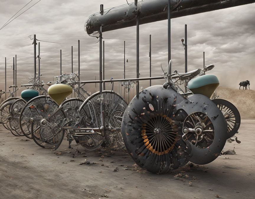 Futuristic motorcycles with large wheels in deserted landscape