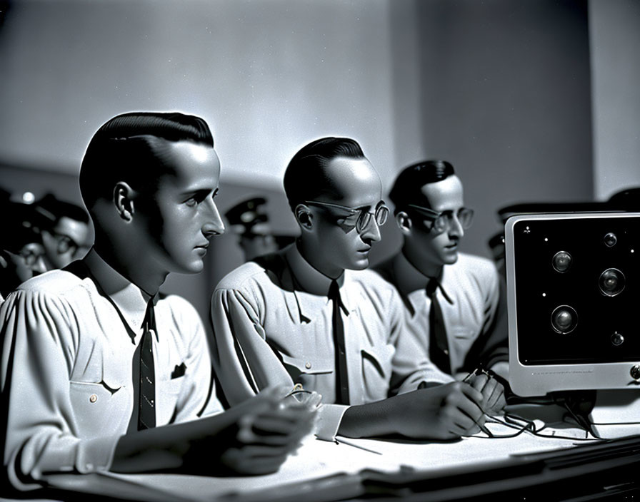 Vintage black and white photo of men in uniform with headphones at early radio.