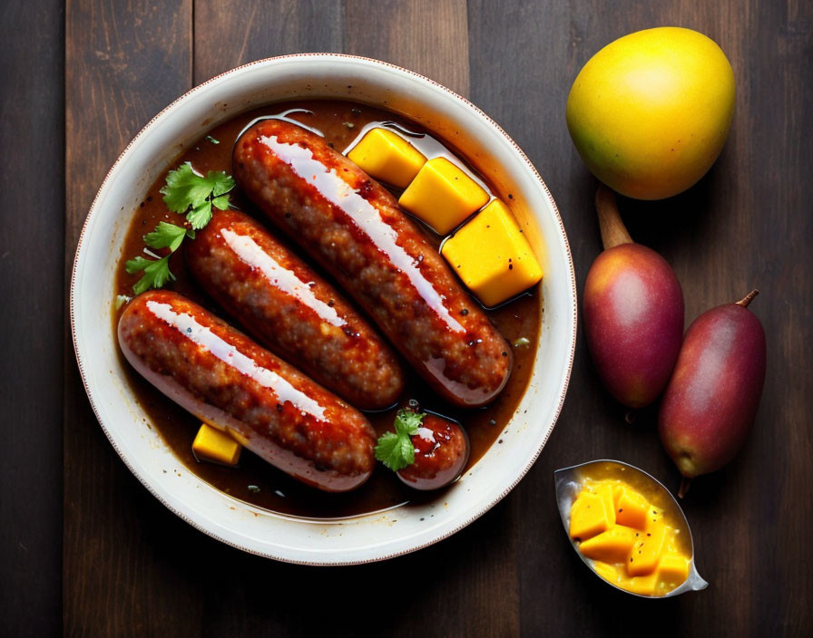 Sausages in Mango Sauce with Fresh Mango on Dark Wood