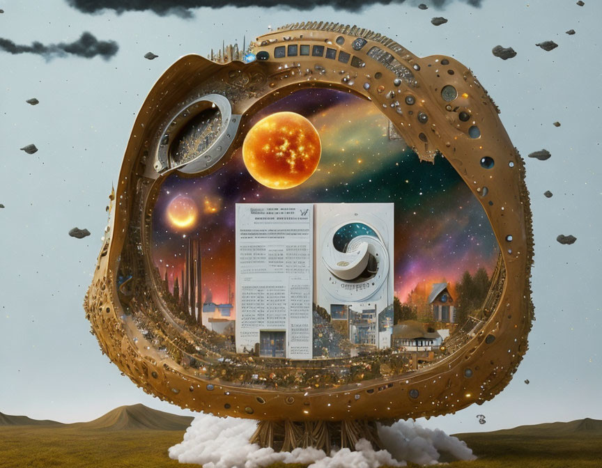 Surreal cosmic landscape with floating rocks and buildings inside bagel-shaped portal.