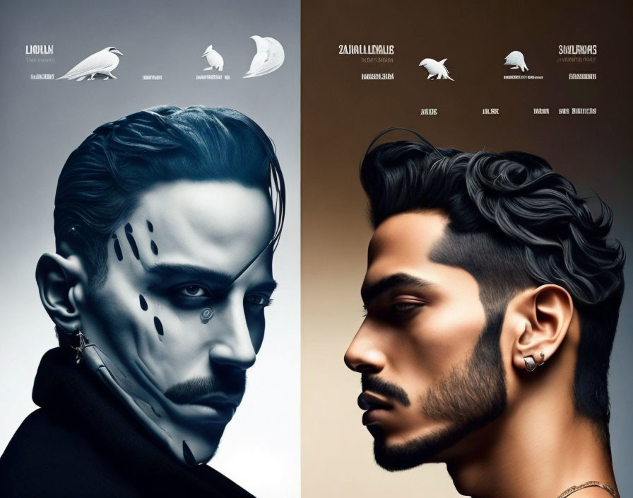 Stylized male faces with animal icons and text on brown background