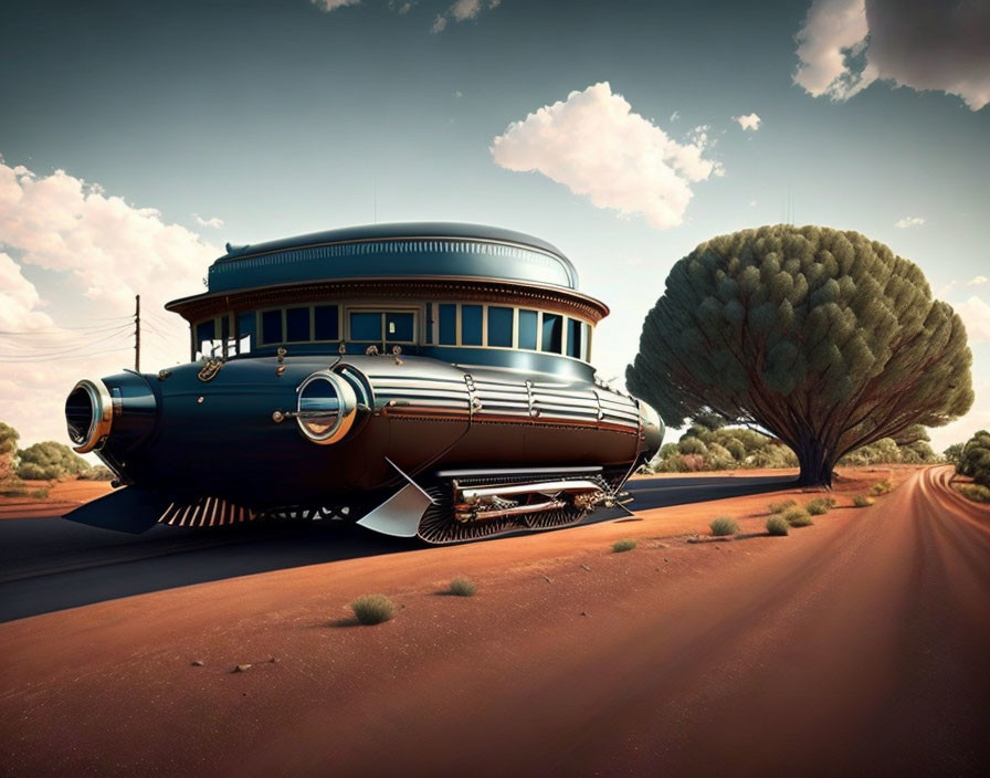 Vintage-style airship with railroad-like wheels landing on dusky dirt road surrounded by green trees under warm