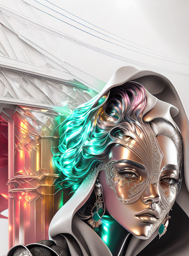 Futuristic metallic female figure with iridescent hair and gold mask against abstract glowing background.