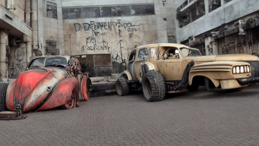 Dilapidated hot rod vehicles in post-apocalyptic urban setting