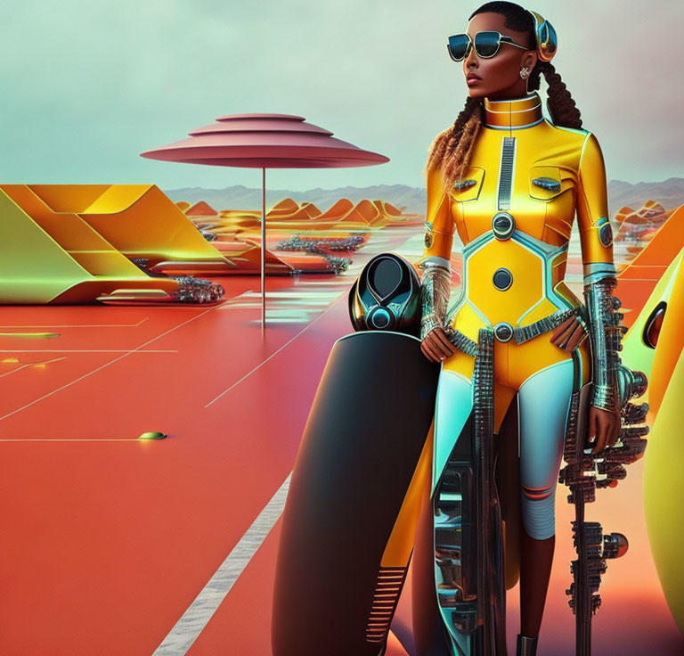 Woman in yellow bodysuit next to black motorcycle in futuristic setting