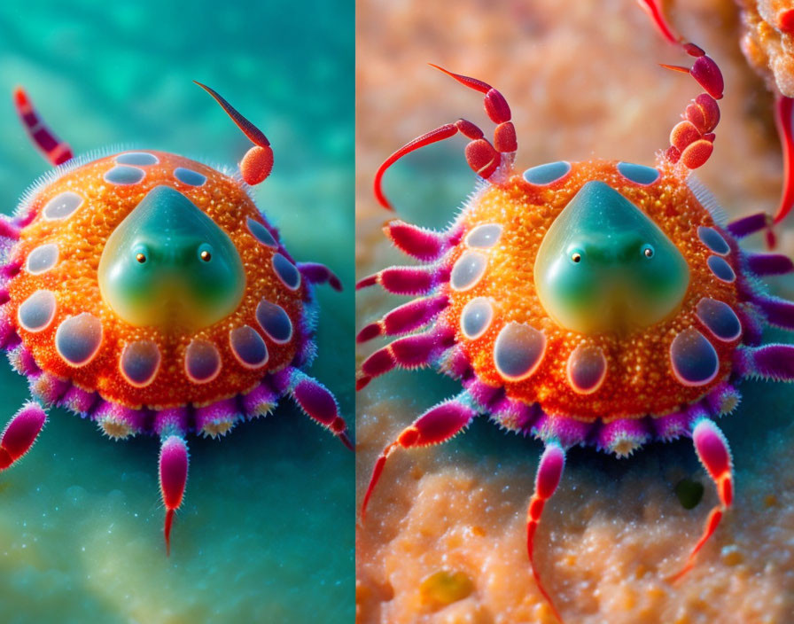 Colorful nudibranch with orange body and purple appendages in teal blue ocean.