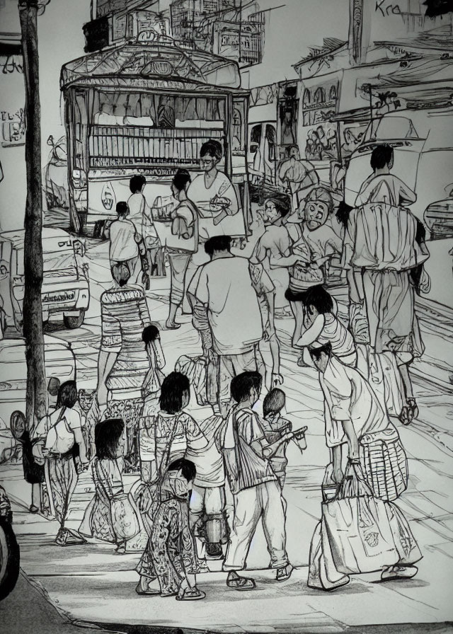 Monochrome sketch of busy street with pedestrians, tram, and vendors