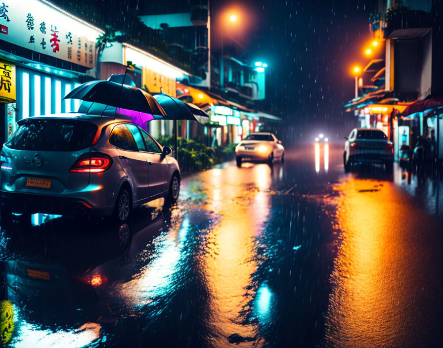 Night scene: Person with umbrella on wet city street with neon lights and cars.