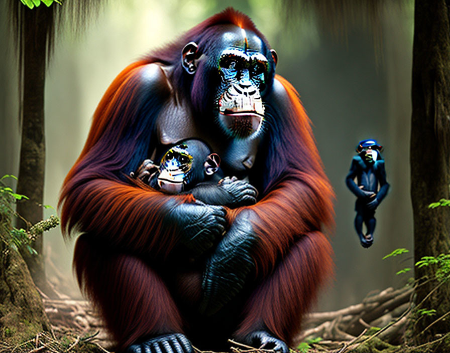 Surreal orangutan with blue and black facial features and miniature versions