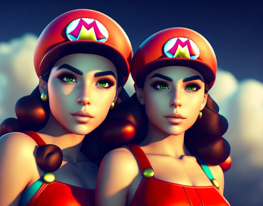 Stylized female characters with "M" caps in soft-lit close-up