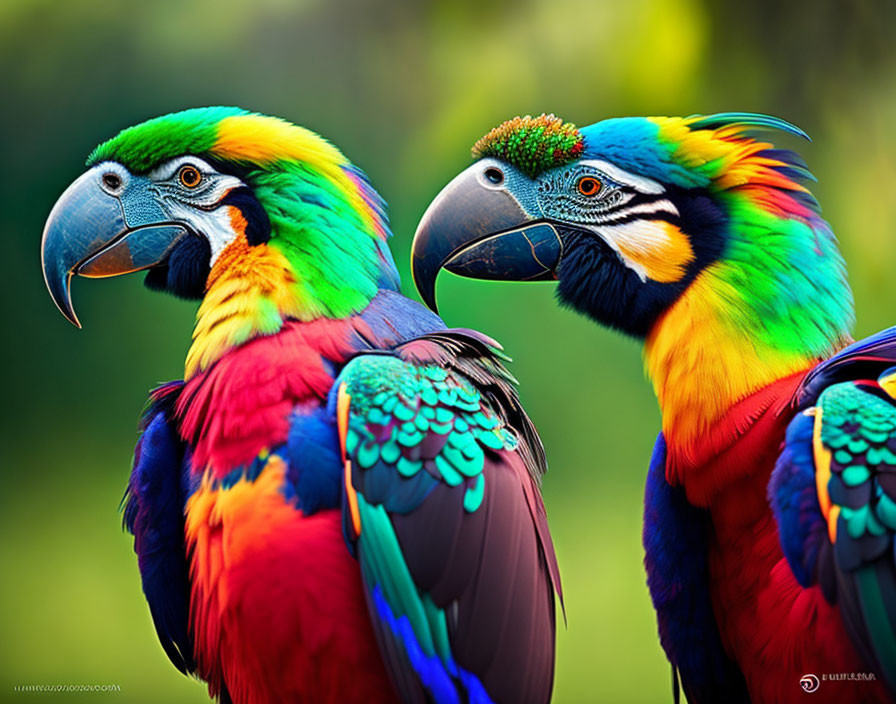 Colorful Macaws Perched Together on Green Background