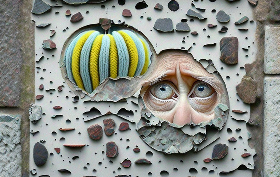 Surreal artwork: face with eyes and striped hat peering through hole in textured wall