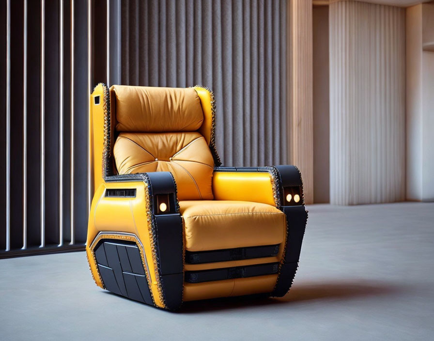 Yellow Armchair with Black Accents and LED Lights Against Curtain Background