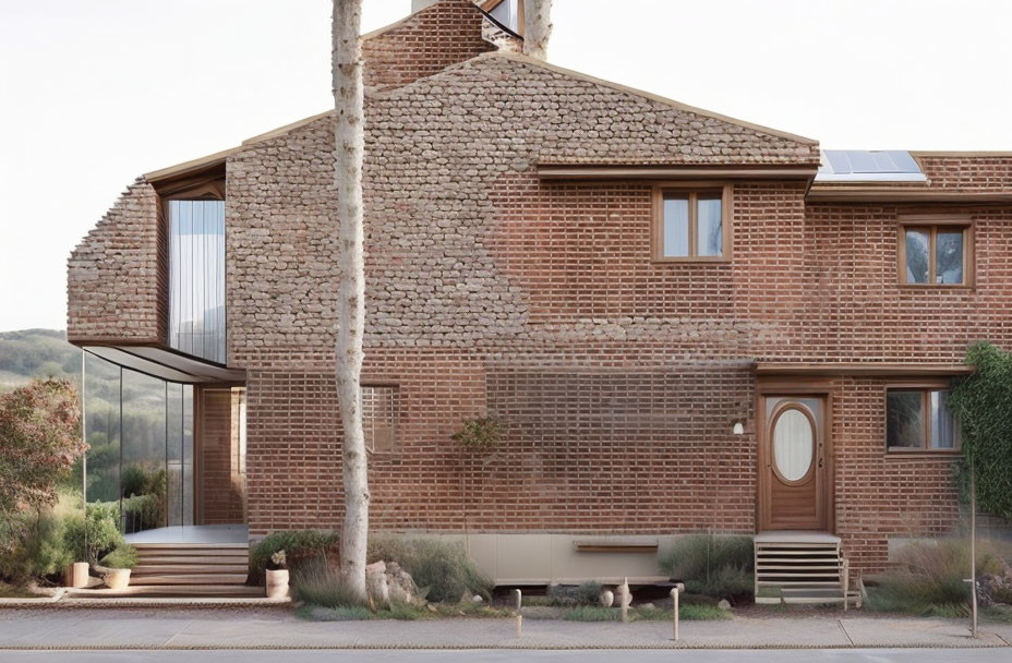 Modern two-story brick house with solar panels, large windows, balcony & green surroundings