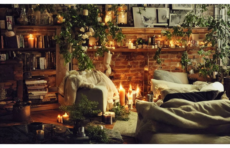 Cozy Room with Brick Fireplace, Fairy Lights, Books, Candles, and Plush Seating