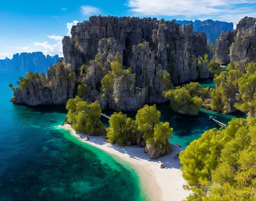 Rocky Island with Greenery, White Beach & Turquoise Waters