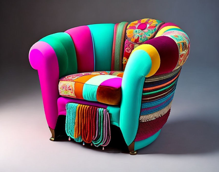 Multicolored Patchwork Armchair with Vibrant Fabric Patterns