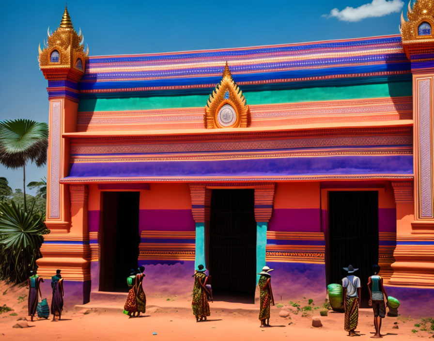 Colorful temple with golden spires and traditional attire people under clear blue sky