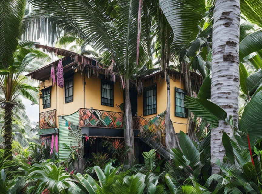 Yellow-Walled Tropical House with Balcony and Palm Trees