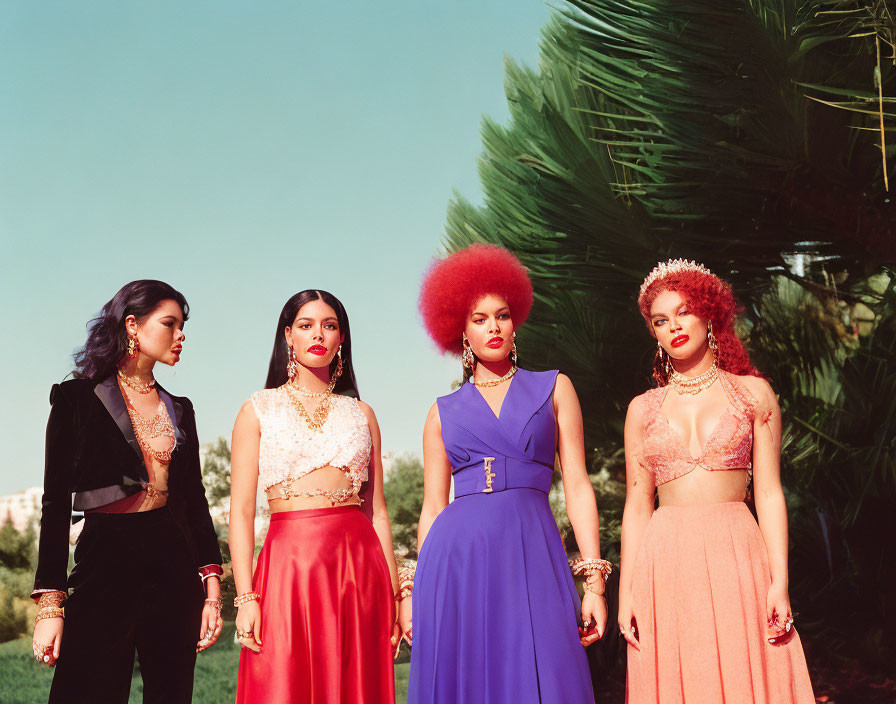 Four Women in Stylish Outfits Posing Outdoors with Bold Accessories