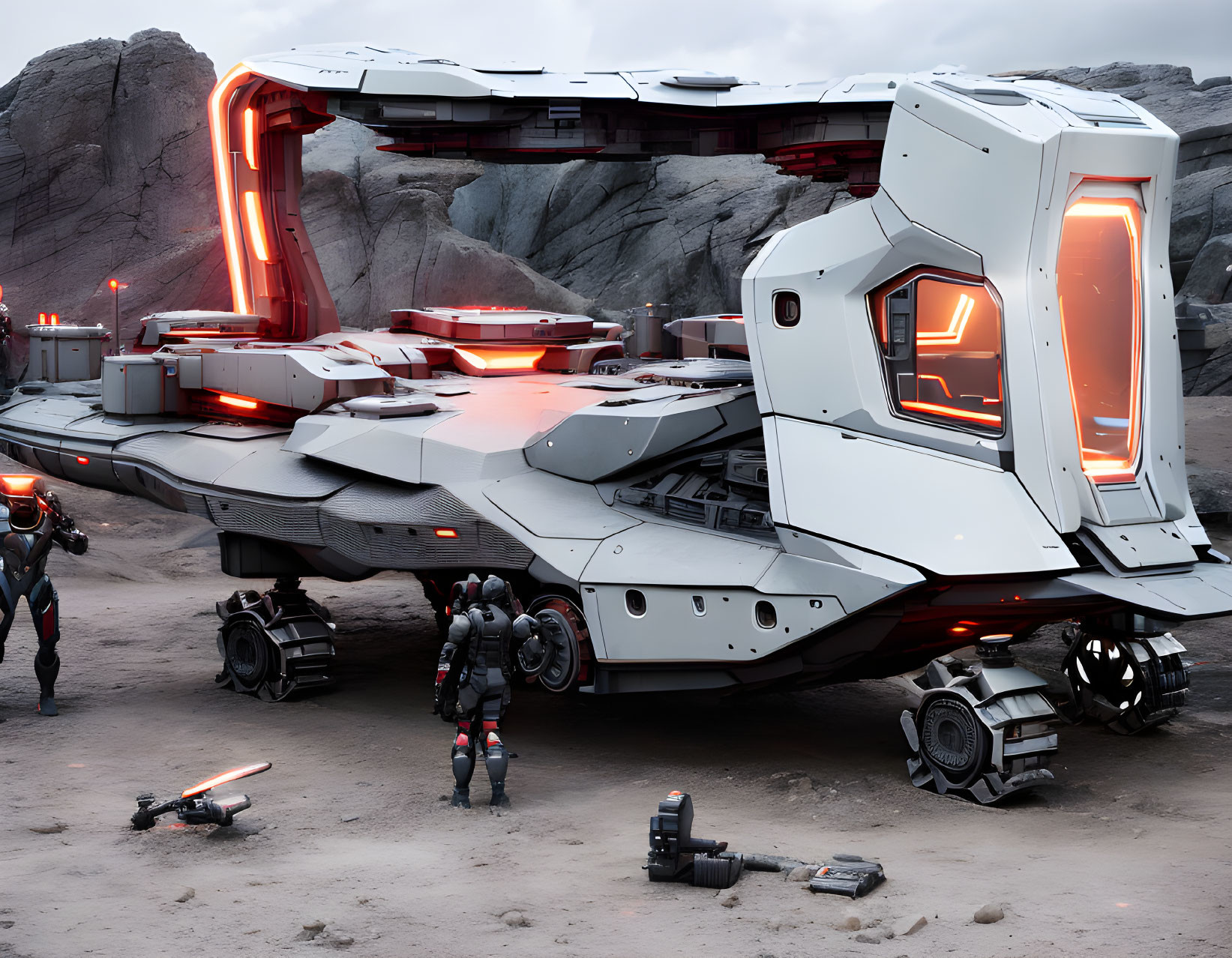 Futuristic spacecraft on rocky terrain with armored individuals and scattered equipment.