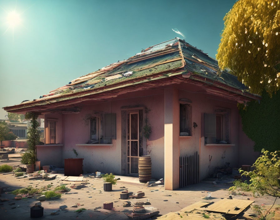 Abandoned house with damaged roof and debris in yard