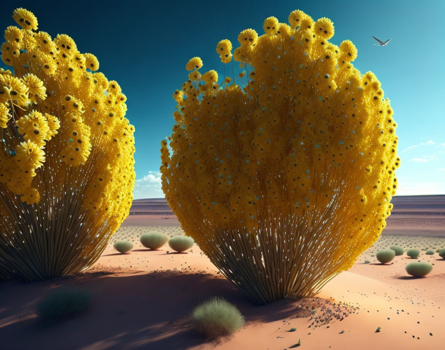 Surreal desert landscape with oversized yellow flowers and bird in flight