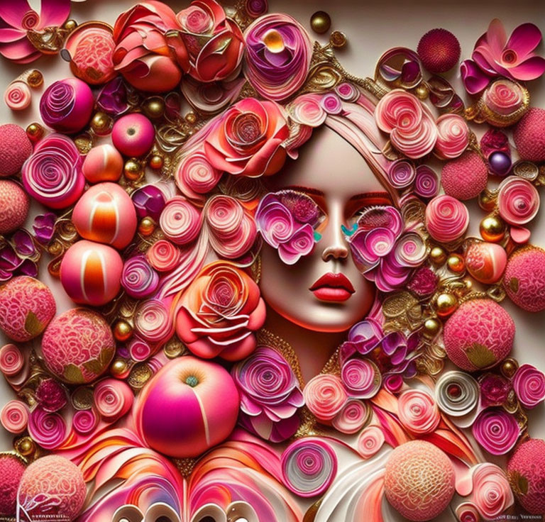 Colorful digital artwork: Woman's face with floral patterns in pink, red, and gold