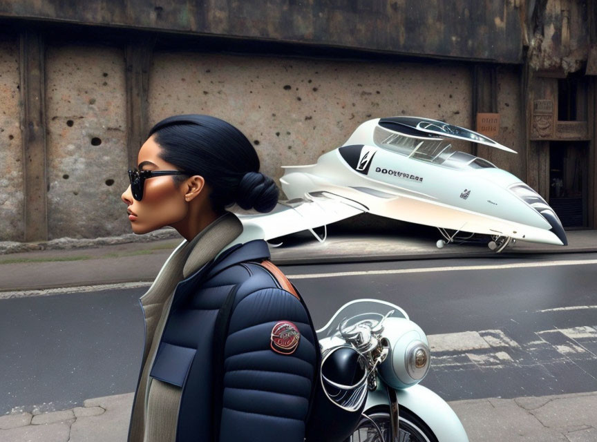 Fashionable woman in sunglasses with vintage motorcycle and futuristic white car.