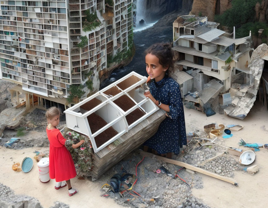 Miniature abandoned building diorama with two girls and detailed ruins.