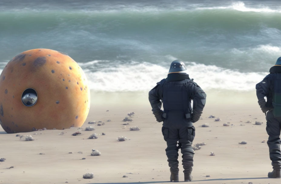 Astronauts observing large spherical object on sandy beach