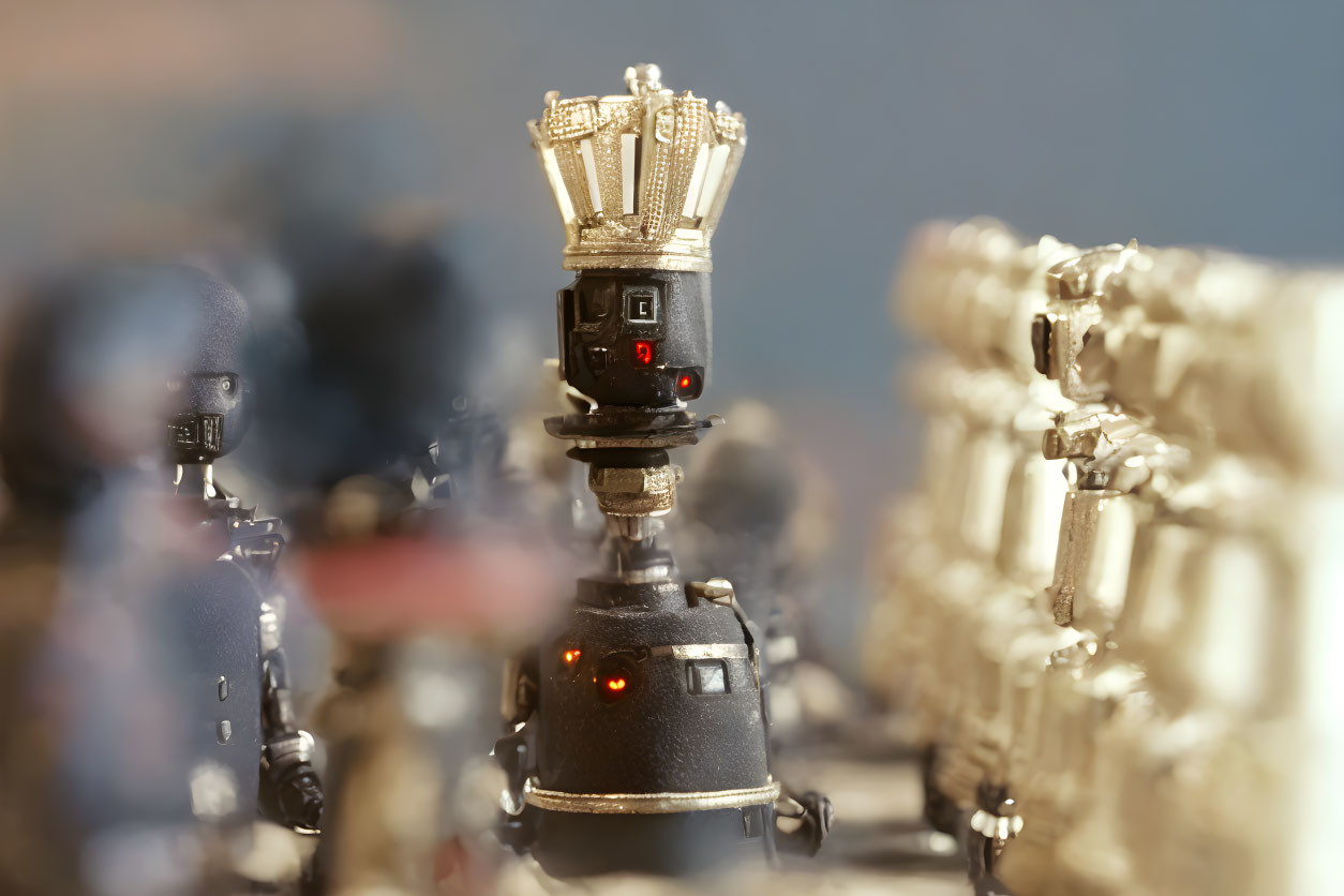 Detailed miniature robot with crown-like head and glowing red eyes on blurred backdrop.