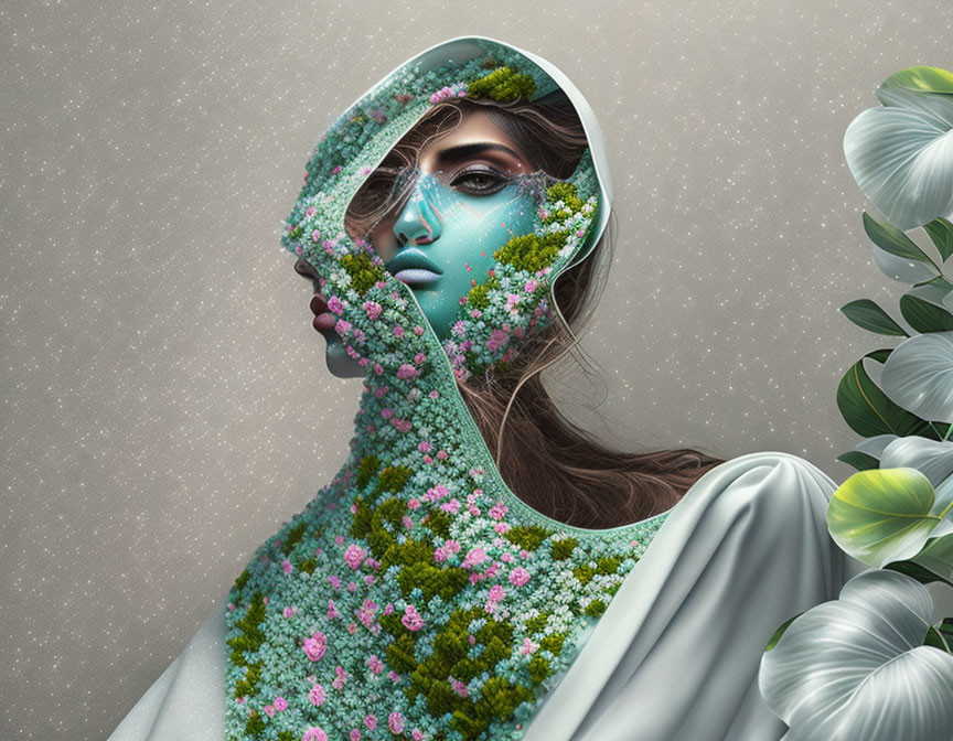 Digital artwork: Woman with floral skin blending into nature hood