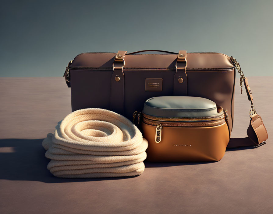 Brown Leather Bags and Rolled-Up White Blanket on Neutral Background