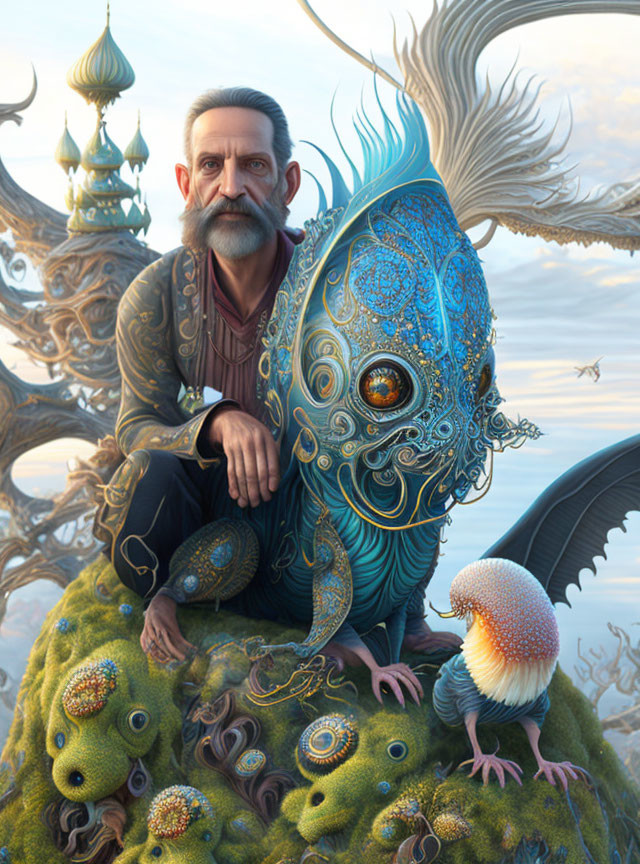 Bearded man in ornate clothing with fantastical creature in ethereal scenery