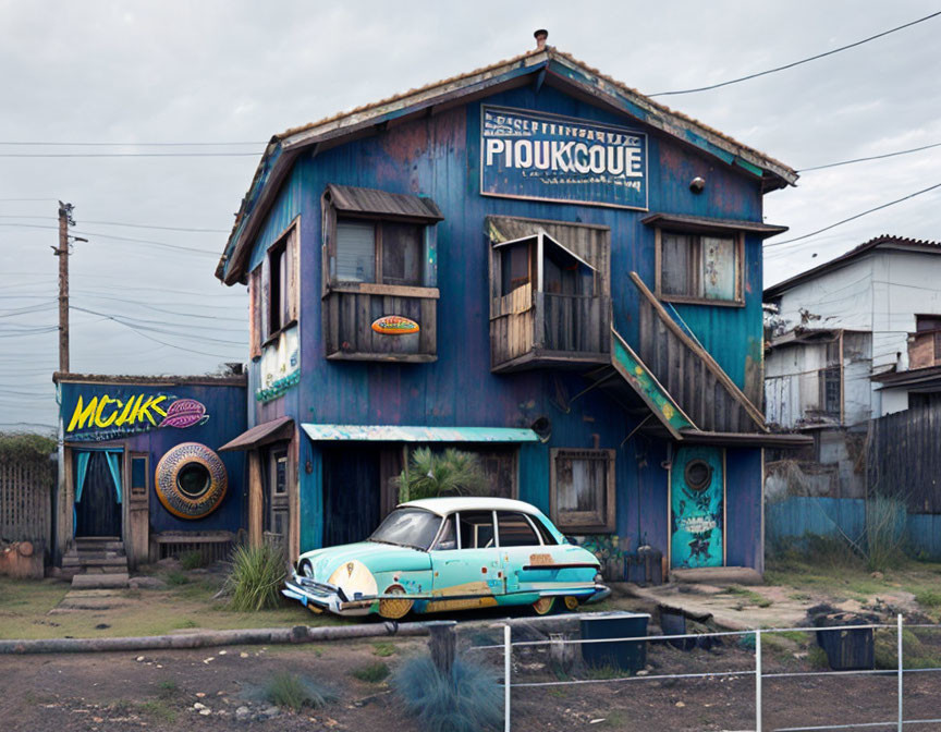 Weathered two-story blue building with vintage turquoise and white car parked in front