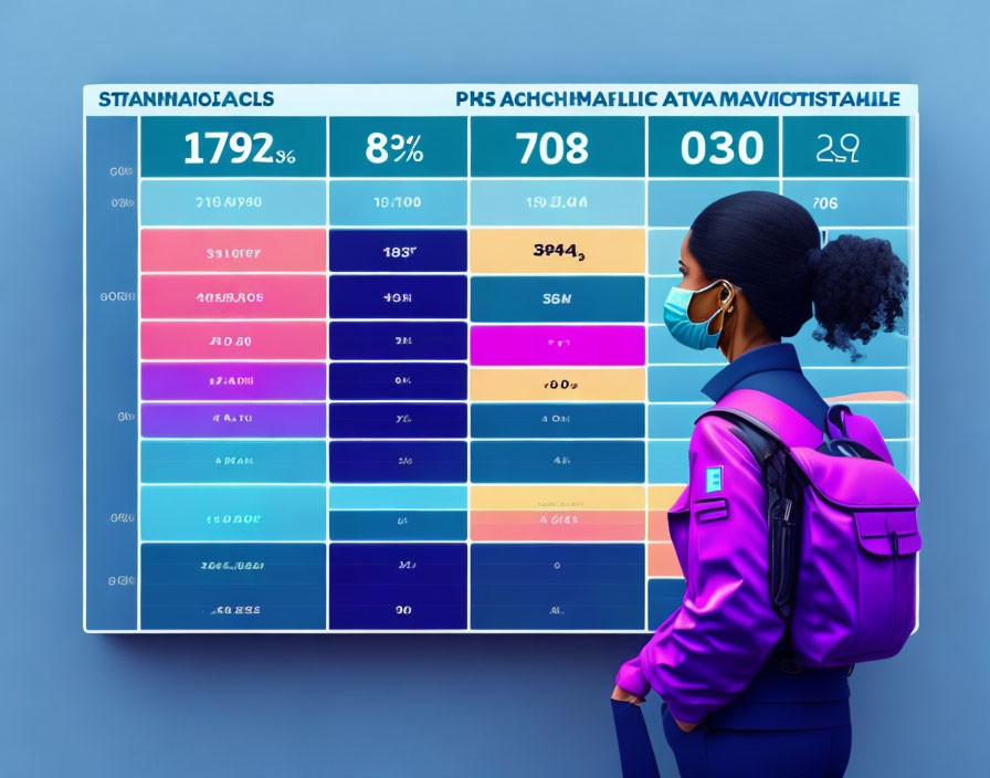 Purple Jacket and Blue Hair Figure with Colorful Data Chart