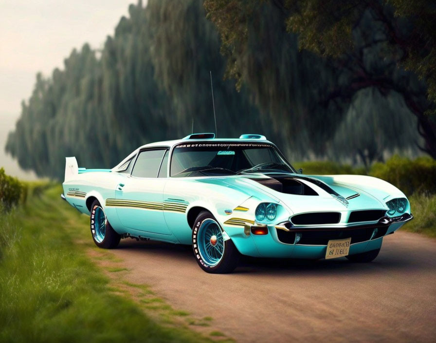 Vintage Turquoise and White Sports Car with Stripes and Rear Wing on Countryside Road