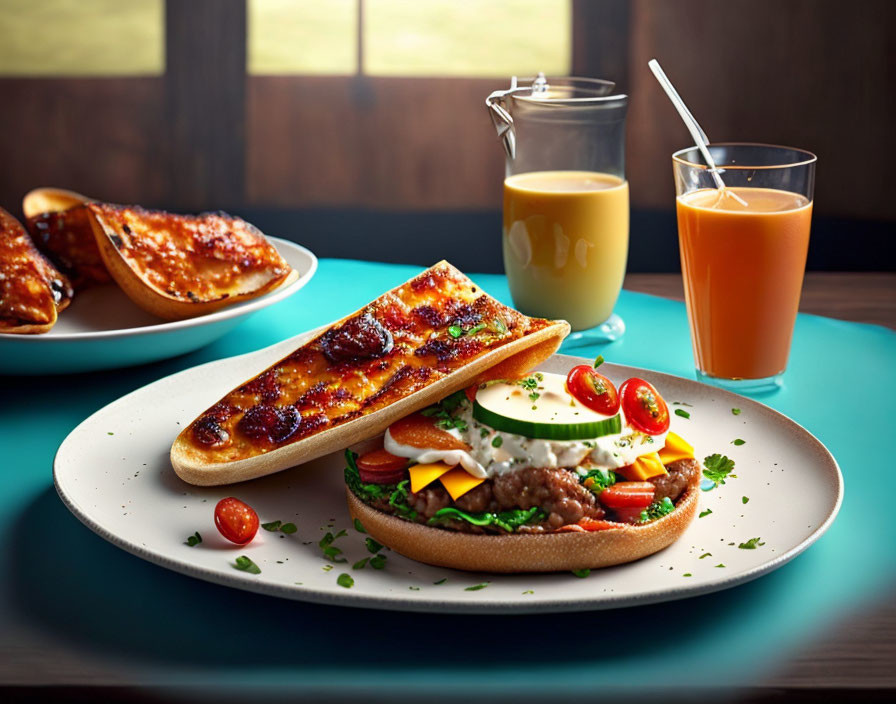 Baguette sandwich with egg and vegetables in breakfast setup on wooden table