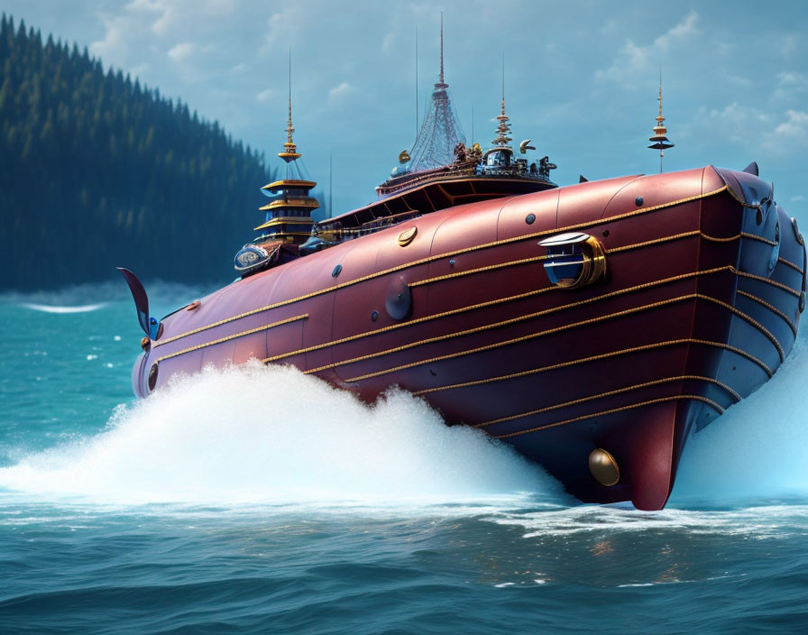 Animated ship sailing through blue ocean waves with ornate structures and forest backdrop