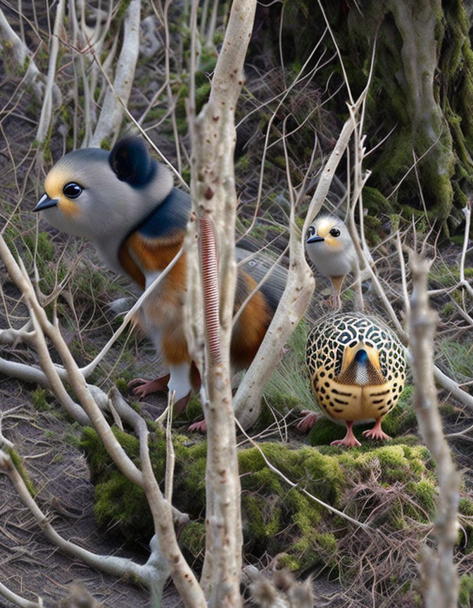 Whimsical bird-like creatures with animal features in forest setting