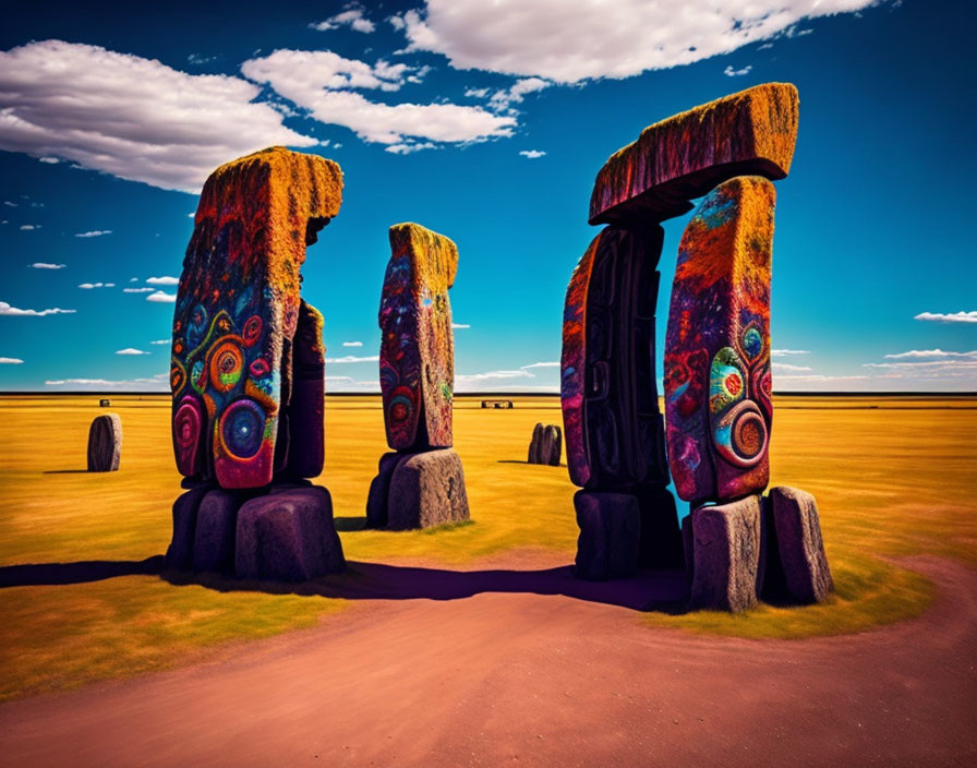 Colorful Stone Monoliths with Psychedelic Patterns Against Blue Sky