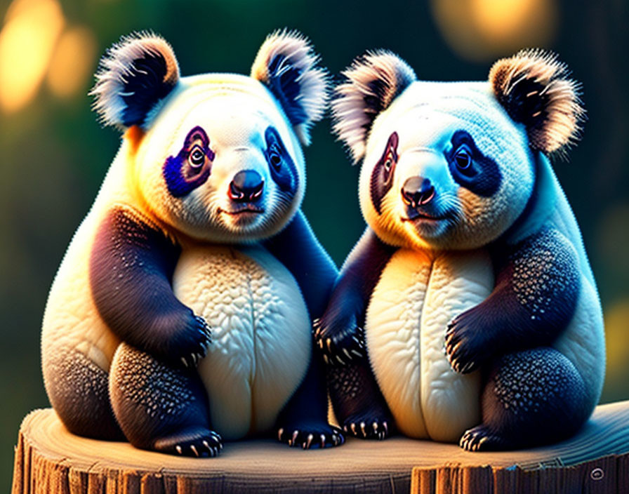 Colorful Stylized Panda Figures on Stump with Warm Background