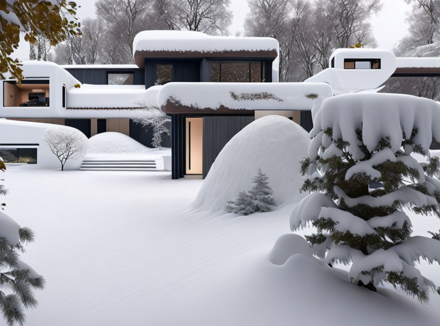 Snow-covered modern house with flat roofs in wintry landscape