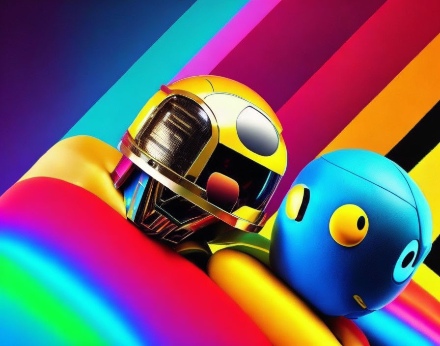 Stylized helmets like Daft Punk on vibrant multicolored background