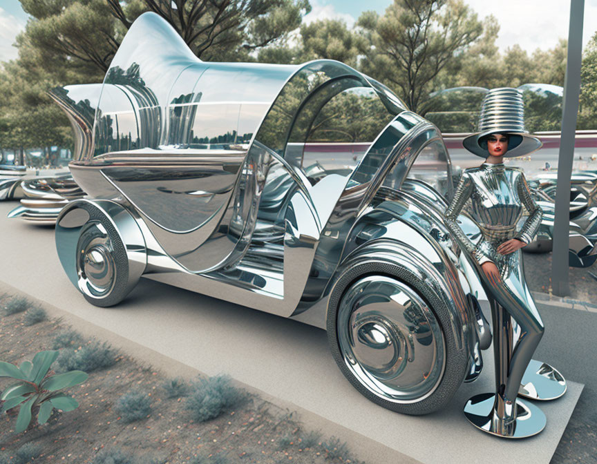 Futuristic shiny vehicle and stylized person in metallic fashion in park setting