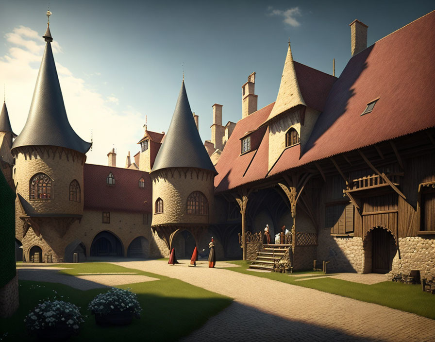 Digital art: Medieval castle courtyard with towers, people in period clothing, and lush greenery under warm