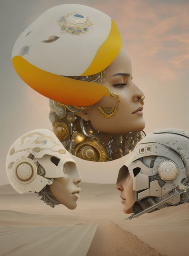 Surreal mechanical heads in desert backdrop